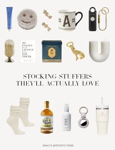 various items are arranged in the shape of a collage with text reading stocking stuffers they'll actually love