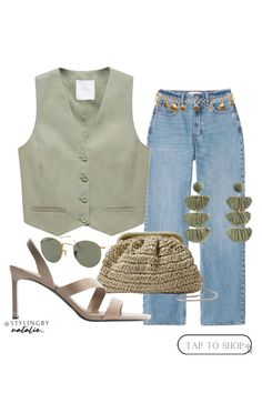 Green waistcoat, high rise jeans, gold chain belt, raffia earrings, heeled sandals, green straw clutch bag & Ray ban sunglasses. Green outfit, weekend outfit, going out.  #liketkit #LTKstyletip #LTKeurope #LTKmidsize #greenoutfit #jeans #waistcoat #goingoutoutfits #heels #weekendoutfit #lookoftheday #casualpartywear #summeroutfitideas #dressycasualoutfit #casualchicstyle #abercrombieandfitch #outfitpost #styleideas @shopLTK Raffia Belt Outfit, Green Waistcoat Outfit, Green Bag Outfit Summer, Jeans Waistcoat, Straw Bag Outfit, Green Waistcoat, Raffia Earrings, Gold Chain Belt, Jeans Heels