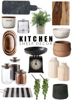 a collage of kitchen items with the words kitchen shelf decor above them in black and white