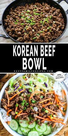 korean beef bowl with carrots, cucumbers and rice in a skillet