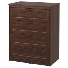 a brown wooden dresser with five drawers