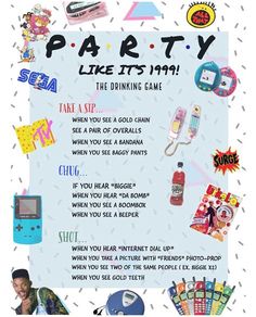 a party flyer with various items on it and the words party like it's game