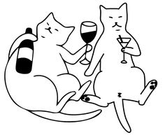 black and white drawing of two cats drinking wine