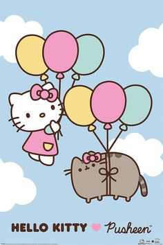 a hello kitty wallpaper with balloons and a cat