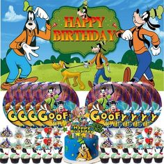 mickey mouse birthday party supplies including cupcakes, plates and cups with goofy characters