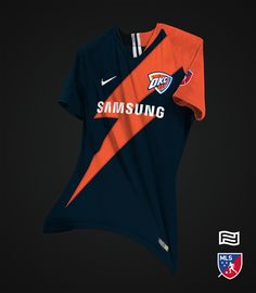 an orange and blue shirt with the word samsung printed on it's chest in front of a black background