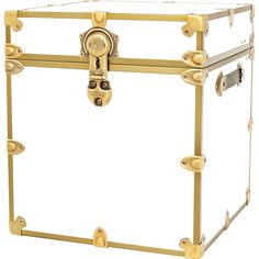 an antique trunk is shown with gold hardware on the front and sides, as well as two handles