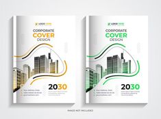 two brochure covers with city buildings in the background and green lines on each side