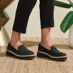 This lug-sole loafer slip-on offers a modern take on current loafer trends. Inspired by our comfortable, bestselling boots, the must-have Cara features stylish leather uppers and a silhouette that looks great paired with dress or casual options. Wear Cara loafers with jeans, skirts, dresses, and more. Look good, feel good, and do a whole lot of good. WEAR TOMS. WEAR GOOD. Leather upper. TOMS leather products support responsible manufacturing via the Leather Working Group. Cushioned and durable E Comfortable Fall Shoes, Loafers With Jeans, Toms Shoes Outfits, Loafers Trend, Loafers Outfit, Black Toms, Work Fits, Work Shoes Women, Leather Loafer Shoes