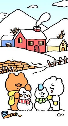 an image of two bears and a dog in the snow with houses on the hill behind them