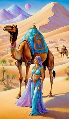 a woman standing next to a camel in the desert