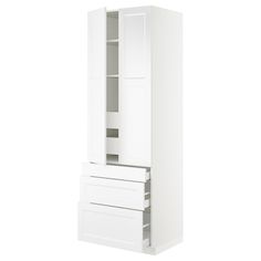 a tall white cabinet with two drawers