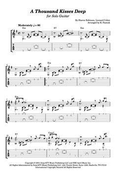 sheet music for guitar with the words,'a thousand kisses deep'on it