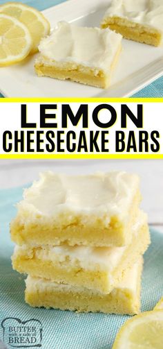 lemon cheesecake bars stacked on top of each other