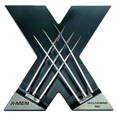 the x - men logo is shown in black and silver with four forks sticking out of it