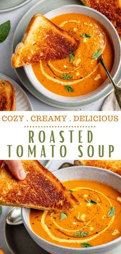 toasted tomato soup in a white bowl