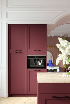 kitchen cabinets makeover colors Rose Colored Kitchen, Kitchen Cabinets Makeover Colors, Bordeaux Kitchen, Burgundy Kitchen, Pink Kitchen Walls, Purple Cabinets, Matt Kitchen, Cabinets Makeover, Purple Kitchen