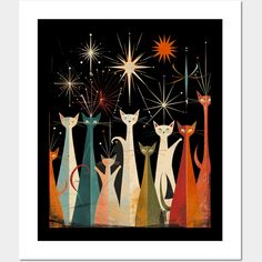 an art print with cats and fireworks in the night sky, on black paper background