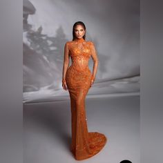 This Was Made For Me, I’m A Size 4. The Custom Dress Is A Stunning Piece Of Artistry, Meticulously Crafted With The Finest Materials And Attention To Detail. The Bodice Is Adorned With Intricate Beading And Embroidery, Creating A Shimmering Effect That Catches The Light With Every Movement. I Got Nonstop Compliments When I Wore It And It Could Be Yours!! Elegant Orange Gown For Formal Occasions, Elegant Orange Formal Gown, Luxury Cocktail Gown With Sheer Bodice, Elegant Fitted Orange Gown, Glamorous Sheer Gown For Evening, Orange Floor-length Gown For Gala, Luxury Sheer Evening Gown, Orange Floor-length Evening Dress, Fitted Orange Evening Dress For Gala