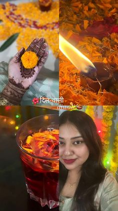 a woman holding a glass with liquid in it and flowers on the table behind her