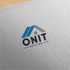 the logo for onit roofing is shown in grey and blue colors, with a house