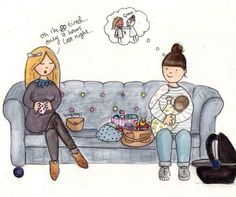 a drawing of two women sitting on a couch, one holding a baby and the other eating cake