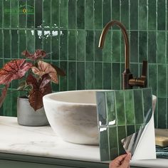 a bathroom sink with green tiles and a potted plant