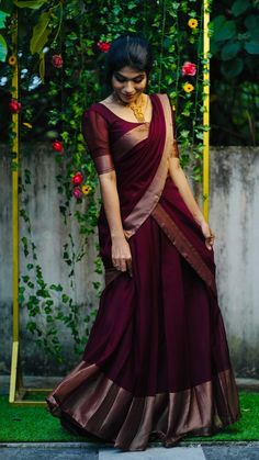 Halfsarees Traditional Simple, Kerala Half Saree, Saree Kerala, Box Pleated Skirt, Lehenga Saree Design, Half Saree Lehenga, Long Gown Design