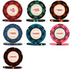 poker chips are stacked on top of each other with the numbers 5, 25, and 55