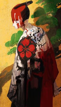 a painting of a man in a kimono with red and black paint on it