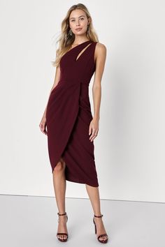 The compliments won't stop rolling in when you're wearing the Lulus So Flirty Burgundy One-Shoulder Cutout Asymmetrical Dress! Stretchy crepe knit shapes this evening-out dress that has a wide cutout strap, one-shoulder neckline, and a princess-seamed bodice. Light gathering accents the waist before flowing into an overlapping midi skirt with an asymmetrical hem. Hidden side zipper/clasp. Fit: This garment fits true to size. Length: Knee to mid-calf length. Size medium measures 47.5" from should Asymmetrical Wedding Dress, Autumn Chic, Soft Dramatic, Asymmetrical Midi Dress, Dress Autumn, Guest Attire, Cocktail Wedding, Burgundy Dress, Modern Dress