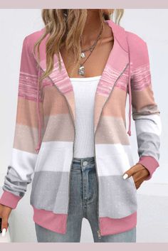 Pocket Geometric Print Pink Long Sleeve Hoodie Zip Up Jackets, Zippered Cardigan, Pink Print, Long Sleeve Hoodie, Geometric Print, Sweater Hoodie, Hooded Jacket, Casual Looks, Color Block