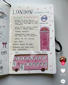 an open notebook with drawings on it and the words london written in black ink next to a drawing of a pink bus