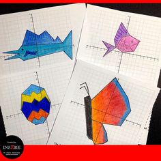 three different colored fish on paper with graph paper