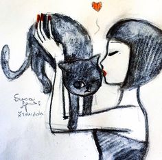 a drawing of a woman holding a cat with her face close to her chest and the caption reads, someone else