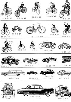 an old poster with different types of bicycles and cars