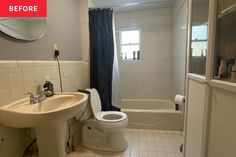 a bathroom with a sink, toilet and bathtub next to a shower curtain that has the words before written on it