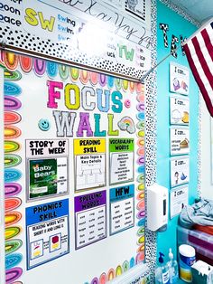 A focus wall is a must have in the classroom! 5 Grade Classroom Decor, Second Grade Hallway Display, Focus Boards Classroom, Above White Board Decor Classroom, Weekly Classroom Themes, Wonders Focus Wall Second Grade, Ela Focus Wall 3rd Grade, Elementary Reading Classroom Decor, Classroom Interactive Wall