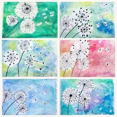 four watercolor paintings with dandelions on them