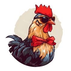 a rooster wearing sunglasses and a red bow tie