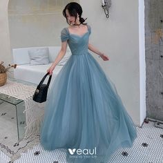 Chic / Beautiful Ocean Blue Evening Dresses 2019 A-Line / Princess Square Neckline Short Sleeve Floor-Length / Long Ruffle Backless Formal Dresses Áo Blu, डिजाइनर कपड़े, Backless Formal Dresses, Prom Dress Inspo, Gaun Fashion, Simple Prom Dress, Floor Length Prom Dresses, Blue Evening Dresses, Prom Dress Inspiration