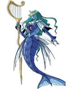 a drawing of a mermaid with a harp in her hand and wearing a blue outfit