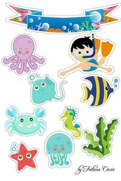 an assortment of stickers with different types of sea animals and fish on it's sides