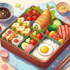 an illustration of a bento box filled with different types of food and chopsticks