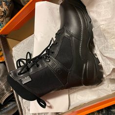 This Is 5.11. Size 7 In Womens. Brand New. Just Way Too Small For Me! Never Worn Wear-resistant Leather Tactical Work Boots, Tactical Wear-resistant Leather Work Boots, Womens Black Combat Boots, 511 Tactical, Military Combat Boots, Tactical Shoes, Side Zip Boots, Womens Combat Boots, Black Combat Boots