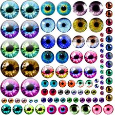 an assortment of different colored eyeballs on a white background, including the irises