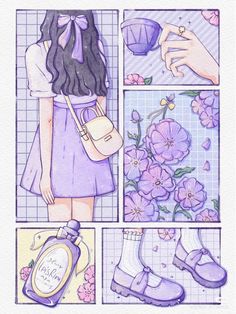 a drawing of a girl with purple shoes and flowers in front of her, holding a handbag