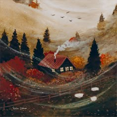 a painting of a house on a hill with trees and birds flying over the top