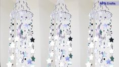 three pictures of a chandelier with stars hanging from it's sides and the bottom