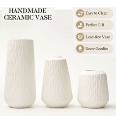 three white vases sitting next to each other in front of a white background with instructions on how to clean them